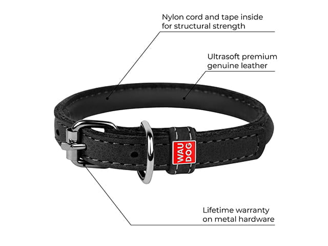 Waudog Soft rundsyet læder halsbånd, sort