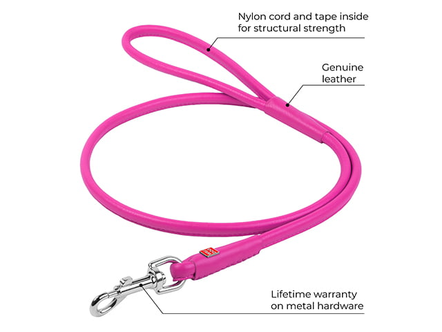 Waudog rundsyet læder førerline, 122cm/6mm, pink